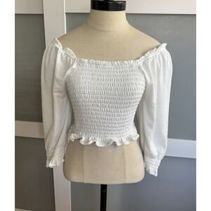 Free People Brenyce Ivory Smocked Crop Off the Shoulder puff sleeve Top XS
